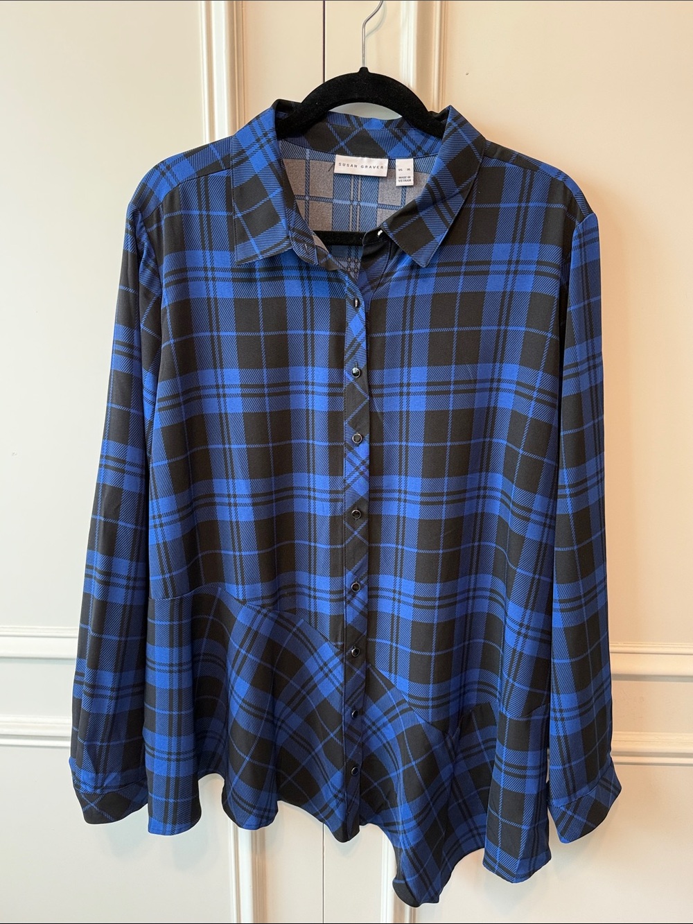 Susan Graver Blue & Black Plaid Button-Front Blouse